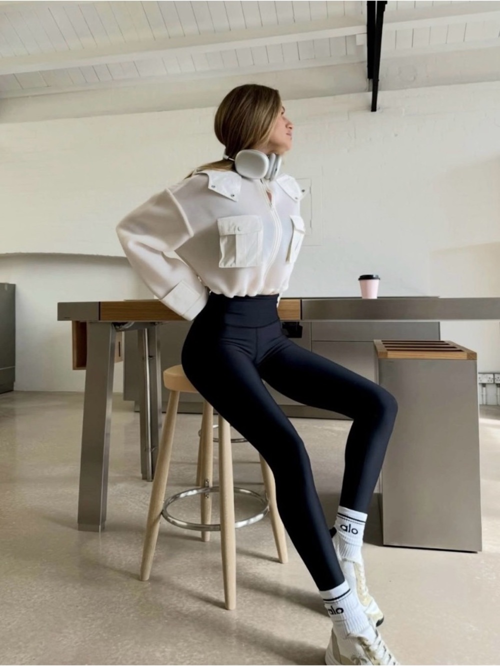 ALO Yoga Cream Bomber Jacket with Front Pockets